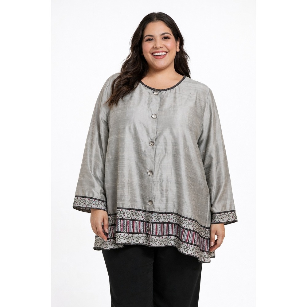 Parsley & Sage Silver Silk Beaded Cuffs Glam Artsy Button Up Tunic Size 2X